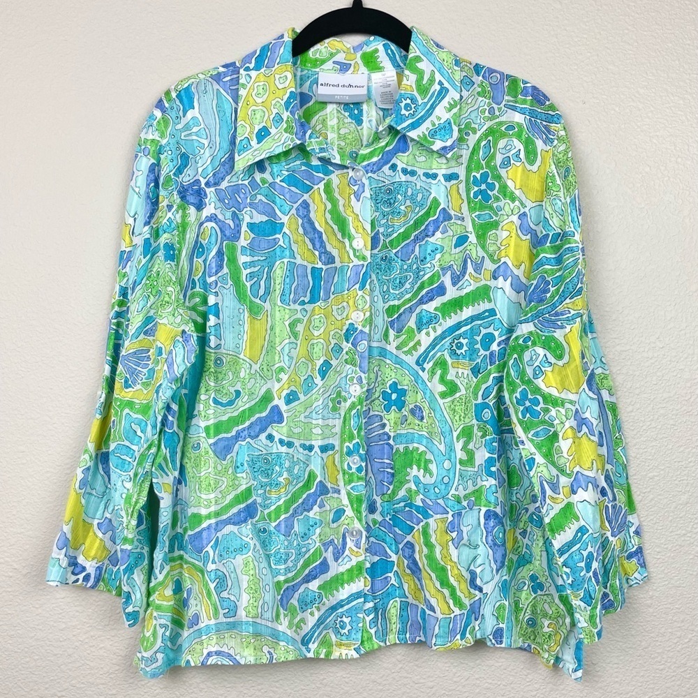 VTG Alfred Dunner Women's 14P Semi Sheer Colorful Fish Print Blouse Roll Tab